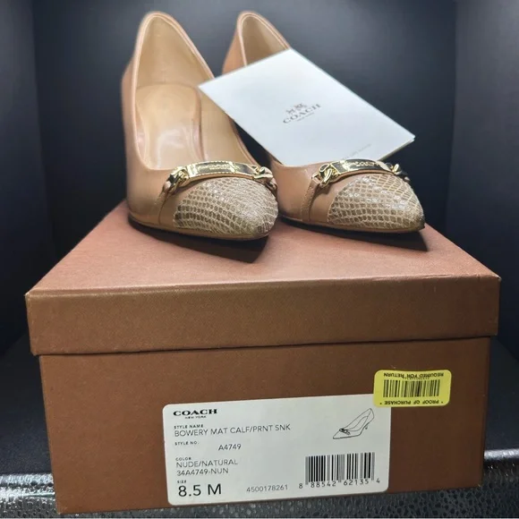 Coach Nude Pointed-Toe Flats with Gold Chain & Snakeskin Toe - Picture 3 of 12